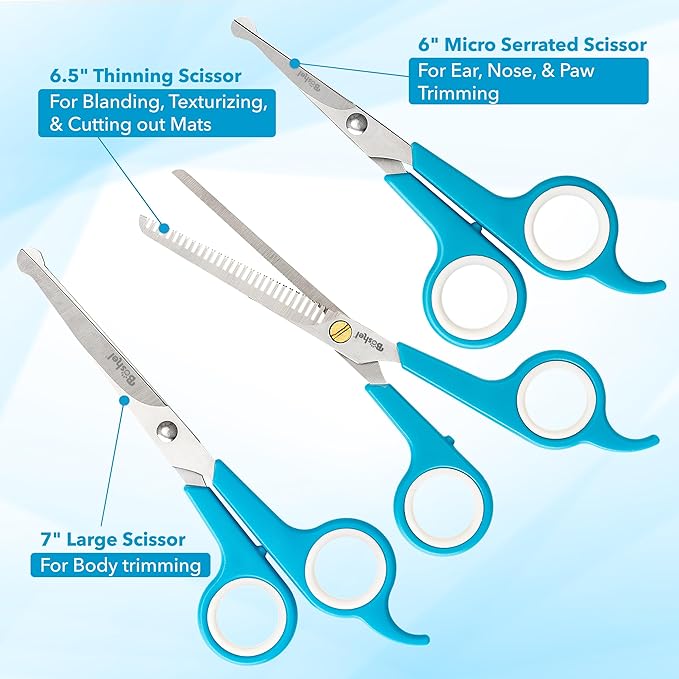 BOSHEL 3 Pc Dog Grooming Scissors Kit - 7" Scissor For Body Hair Trimming, 6" Small Micro-serrated Scissor For Face, Ear, &amp; Paws, Thinning Shears For Dogs - Professional Dog Grooming Kit For Cat &amp; Pet