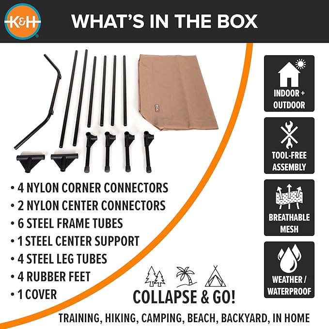 K&amp;H Pet Products Outdoor Elevated Dog Cot, Cooling Raised Bed with Waterproof Breathable Mesh for Large Dogs, Portable Place Bed with Heavy-Duty Metal Frame, Oversized Hammock Style - Jumbo Tan