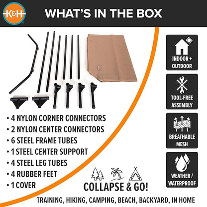 K&amp;H Pet Products Outdoor Elevated Dog Cot, Cooling Raised Bed with Waterproof Breathable Mesh for Large Dogs, Portable Place Bed with Heavy-Duty Metal Frame, Oversized Hammock Style - Jumbo Tan