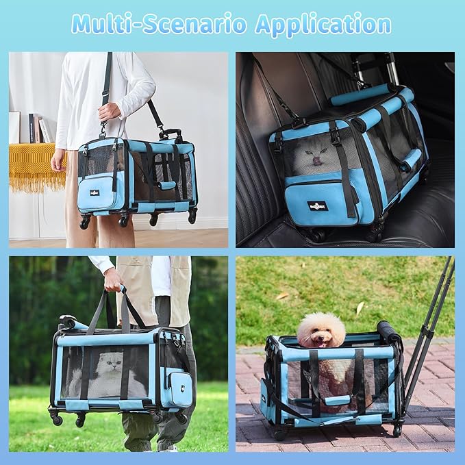 Pet Carrier with Wheels, Durable Airline Approved Cat Crate, Foldable Rolling Dog Carrier, Cat Rolling Bag for Cat &amp;Dog, Use for Travel, Outdoor, Vet Visits, Camping, Indoor. Blue.