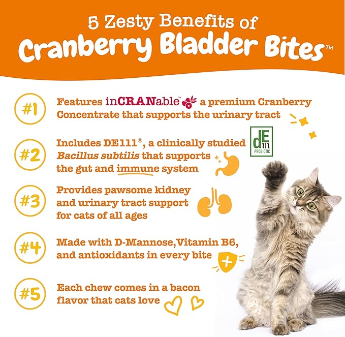 Zesty Paws Cranberry Urinary Tract Bites for Cats - Kidney &amp; Urinary Tract Health - Soft Chews with D-Mannose, Vitamin B6 &amp; L-Arginine - Immune &amp; Gut Support - Bacon - 60 Count
