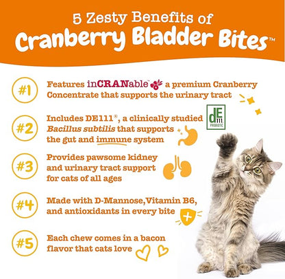 Zesty Paws Cranberry Urinary Tract Bites for Cats - Kidney &amp; Urinary Tract Health - Soft Chews with D-Mannose, Vitamin B6 &amp; L-Arginine - Immune &amp; Gut Support - Bacon - 60 Count