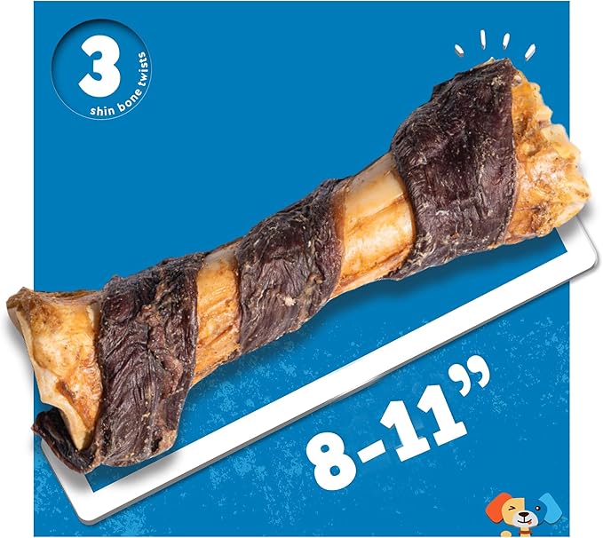 Jack&amp;Pup 8-11” Twist Shin Bones, Roasted Meaty Beef Bone for Dogs – Long Lasting Natural Dog Bones, Big Dog Bone for Large Dogs (3 Pack)