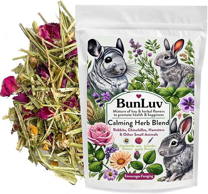 Herbal Calming Forage: Premium Rabbit Food, Hay for Guinea Pigs Food, Chinchilla Food, Hamster Treat Made with Timothy Hay &amp; Organic Herbs (10 Ounces)
