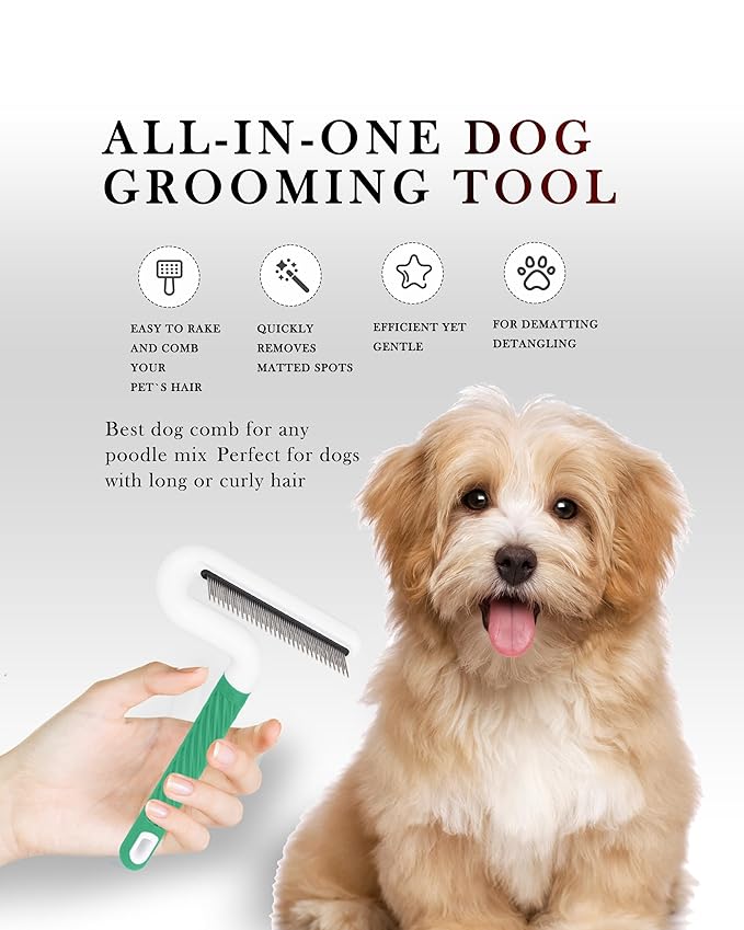 Pet Flea Comb for Dogs &amp; Cats - Grooming Tool with Long &amp; Short Steel Teeth, Safely Removes Tangles and Knots, Gentle Detangling Brush for Pet Hair (TG2043)(Green)