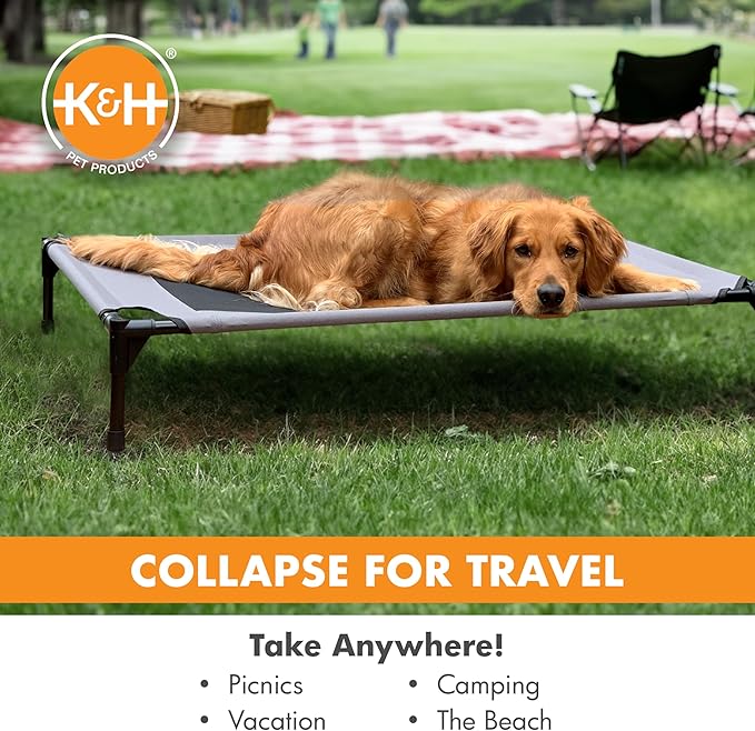 K&amp;H Pet Products Outdoor Elevated Dog Cot, Breathable Cooling Elevated Cot Hammock Pet Bed for Large Dogs, Washable Mesh Cover, Raised Metal Frame, Collapsible, Portable - Large 42 X 30in Gray