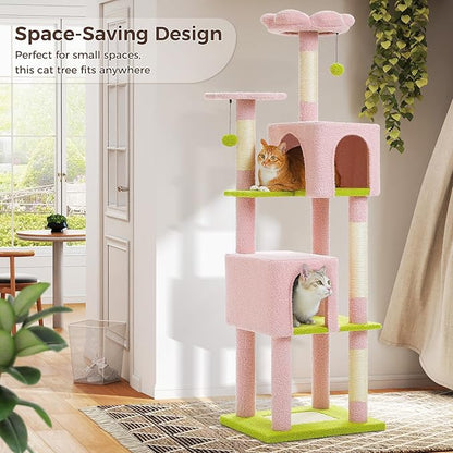 Flower Cat Tree, 62-Inch Large Cat Tower for Multi-Cat Households w/Scratching Posts, Multi-Level Cat Condo w/Cozy Top Perch &amp; Scratching Pad, Padded Platform, 2 Pompoms, Pink