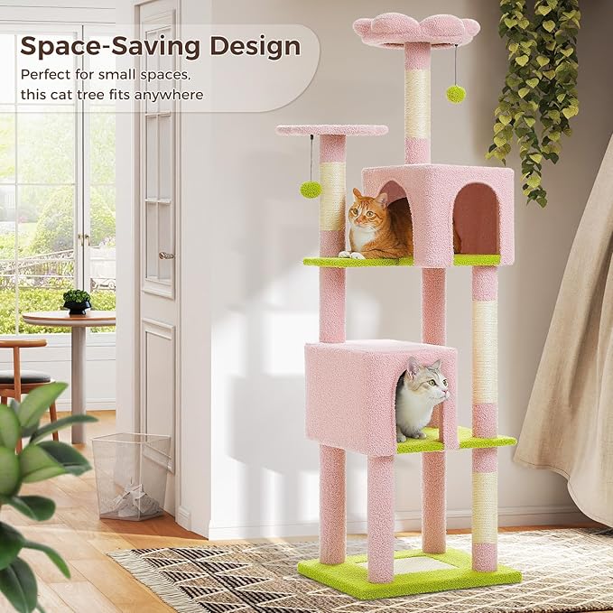 Flower Cat Tree, 62-Inch Tall Multi-Level Cat Tower with Scratching Posts for Large Indoor Cats, Plush Bed w/Padded Perches, Scratching Pad &amp; 2 Green Pompoms, Pink