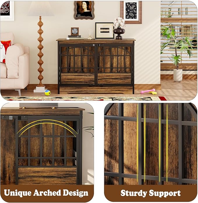 COZPAW 52 Inch Dog Crate Furniture, Extra Large Dog Kennel Indoor for XLarge Breed, Heavy Duty Dog Cage with Double Elegant Arched Doors, Decorate as TV Stand &amp; End Table-Retro Brown