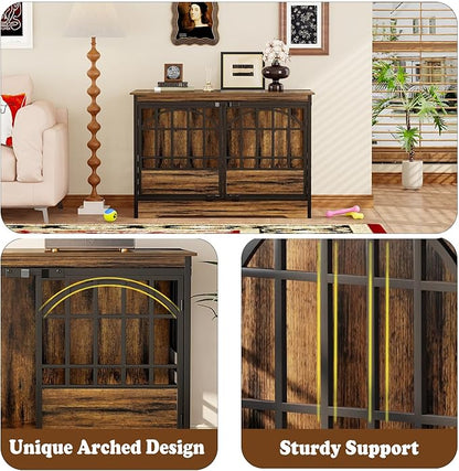 COZPAW 52 Inch Dog Crate Furniture, Extra Large Dog Kennel Indoor for XLarge Breed, Heavy Duty Dog Cage with Double Elegant Arched Doors, Decorate as TV Stand &amp; End Table-Retro Brown
