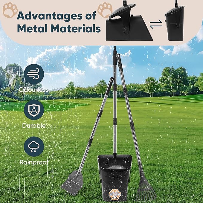 Stainless Steel Dog Pooper Scooper,40" Long Handle Swivel Bin, Rake and Spade,20 Waste Bags &amp; Hook - Heavy Duty Portable Metal Poop Scooper for Large,Medium and Small Dogs