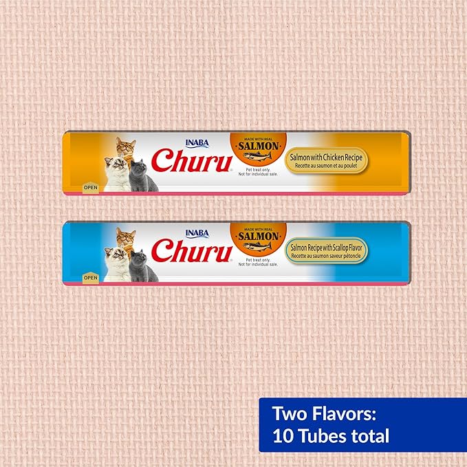 INABA Salmon Churu Cat Treats, Lickable, Squeezable Creamy Purée Cat Treat with Green Tea Extract &amp; Taurine, 0.5 Ounces Each Tube, 10 Tubes, Scallop &amp; Chicken Variety