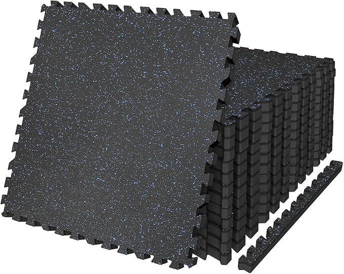 AIRHOP 0.79in Thick 24 Sq Ft Exercise Equipment Mats, 6 Tiles Upgraded Rubber Top with High Density EVA Foam, Large Interlocking Puzzle Gym Flooring for Home Gym, Heavy Weight Workout,Black &amp; Blue