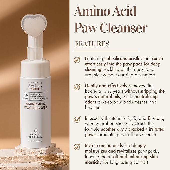 YUKIMI Premium Amino Acid Paw Cleanser with Silicone Bristle Brush for Dogs &amp; Cats | Dermatologist Certified Hypoallergenic | Hydrating, Soothing, Deodorizing, Moisturizing | pH Balanced - 5.0 Fl Oz