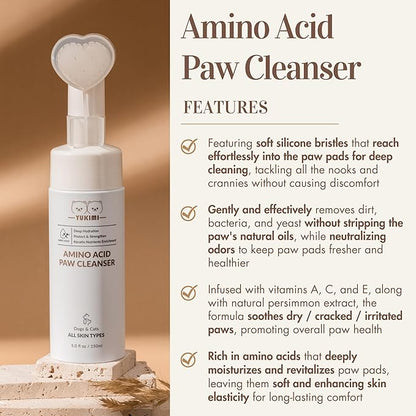 YUKIMI Premium Amino Acid Paw Cleanser with Silicone Bristle Brush for Dogs &amp; Cats | Dermatologist Certified Hypoallergenic | Hydrating, Soothing, Deodorizing, Moisturizing | pH Balanced - 5.0 Fl Oz