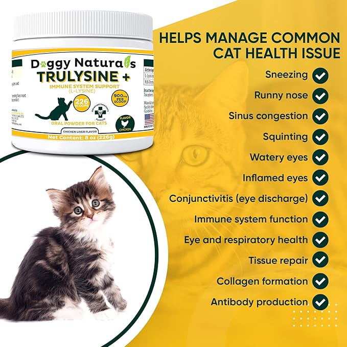 Trulysine Plus L-Lysine for Cats Immune Support Oral Powder 8oz/226g - Cats &amp; Kittens of All Age, Sneezing, Runny Nose Squinting, Watery Eyes Chicken Liver Flavor (U.S.A)(226 Grams (900mg / Scoop))