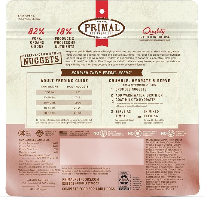 Primal Freeze Dried Raw Dog Food Nuggets, Pork, Complete &amp; Balanced Meal, Also Use as Topper or Treat, Premium, Healthy, Grain Free, High Protein Raw Dog Food, 5.5 oz