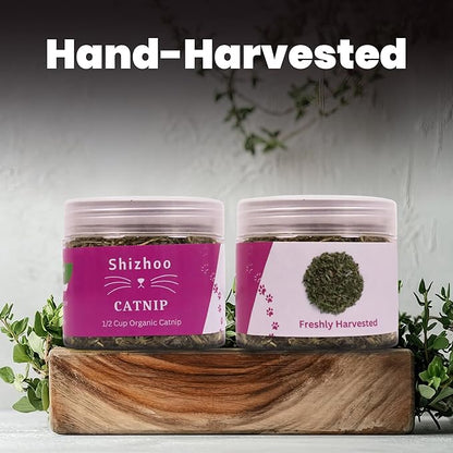 Catnip for Cats with Leaves and Flowers 100% Natural and Organic Catnip Premium Cat Nip for Cats &amp; Kittens Used as a Snack or Refillable Catnip Treats for Cats (1/2 Cup, 2 Ounces)
