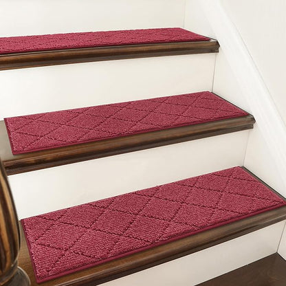 COSY HOMEER Edging Stair Treads Non-Slip Carpet Mat 28inX9in Indoor Stair Runners for Wooden Steps, Edging Stair Rugs for Kids and Dogs, 100% Polyester TPE Backing (4pc, Red)