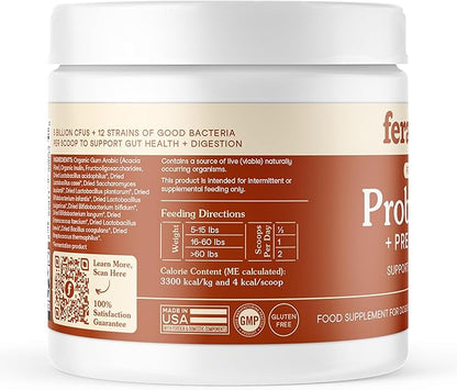 Fera Pets Probiotics for Dogs &amp; Cats with Prebiotics - USDA Organic - Gut Health Powder Supplement with 12 Strains and 5 Billion CFUs - Supports Immunity, Energy and Skin &amp; Coat - 60 Scoops