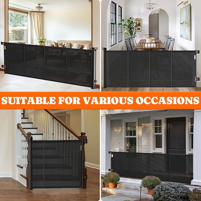 Pawtners Retractable Baby Gates Extra Wide, 41" Tall Extends up to 200" Wide, Dog Gate Indoor for Stairs, Pet Gate with Support Rods for Doorways Hallways Garage Indoor &amp; Outdoor-Black