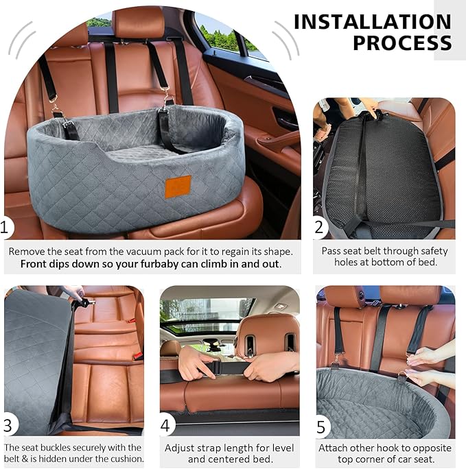 Dog Car Seat for Medium &amp; Large Dogs up to 55 lbs, Elevated Booster Seat with Anti-Slip Base, Detachable &amp; Machine-Washable Pet Car Bed for SUV/Sedan (Gray)