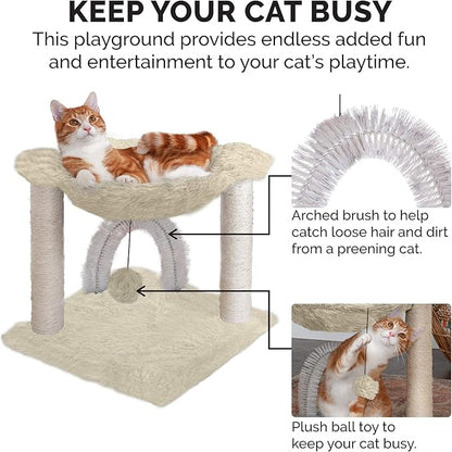 Furhaven 15.75" Tall Playground for Indoor Cats, Ft. Sisal Scratching Posts, Self-Grooming Brush, &amp; Toy - Tiger Tough Hammock Interactive Playground - Cream, One Size