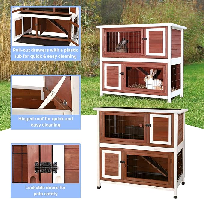 TRIXIE natura Outdoor Double Rabbit Hutch - Indoor Small Animal House, Bunny Cage with Two Sleeping &amp; Play Areas - Includes a Non-Slip Ramp Hinged Roof &amp; Two Pull-Out Trays - in Auburn
