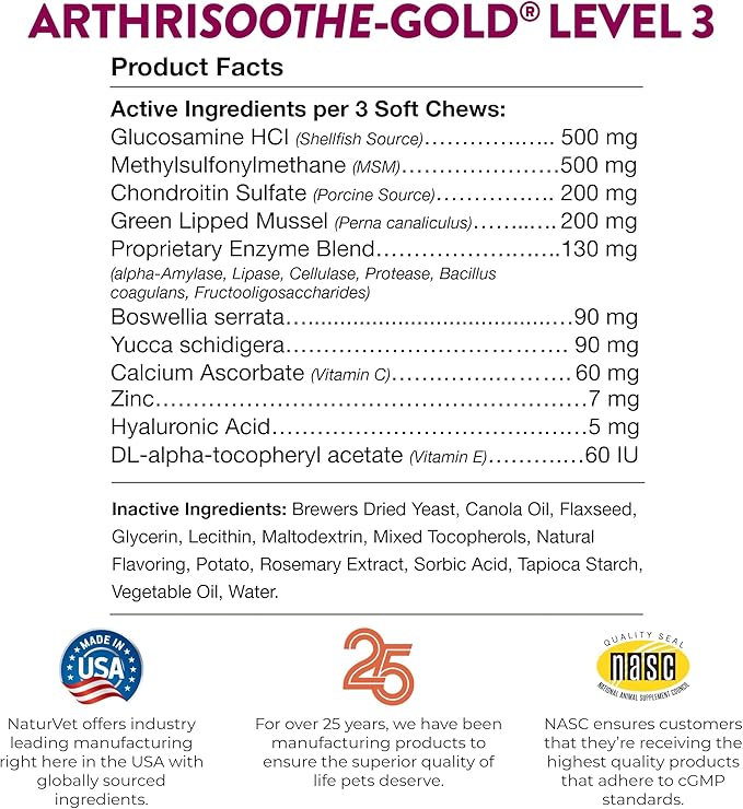 NaturVet ArthriSoothe-Gold Level 3 Advanced Joint Care for Dogs – Soft Chew Dog Supplement with Glucosamine, MSM, Chondroitin &amp; Hyaluronic Acid – Wheat-Free Pet Supplements – 180 Ct.