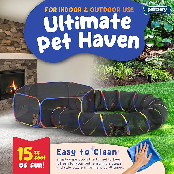 Outdoor Cat Enclosure - Portable Catio Playground for Cat Run, Kitty and Small Animals - Tent &amp; Tunnels for Outside and Indoor Play