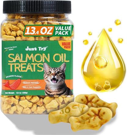 Just Try 13.4 0Z Cat Grass Treats Salmon Oil Natural Salmon Kitten Healthy Cat Treats Training Biscuits Snacks Fish Oil Omega 3 Supplements for Cats Joint Support &amp; Skin Coat Health
