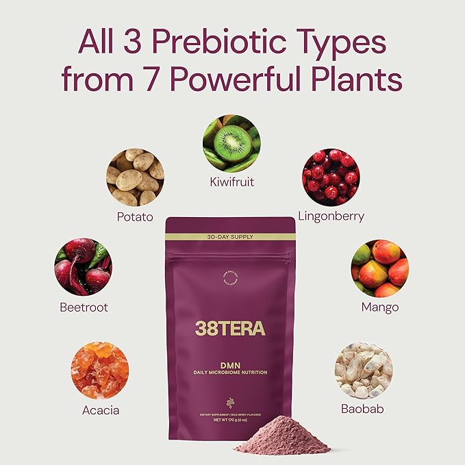 DMN (Daily Microbiome Nutrition), 6 Oz, Plant-Based Fiber Powder with 3 Different Prebiotics, Helps Digestive &amp; Gut Health, Low FODMAP Supplement, Vegan, Wild Berry Flavor, 30 Servings