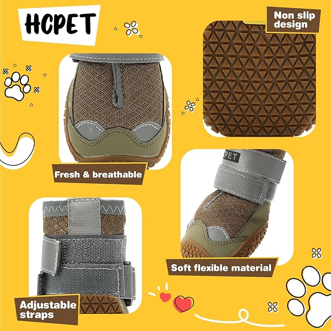Hcpet Dog Shoes for Large Dogs, Breathable Dog Booties for Small Medium Dogs, Anti-Slip Dog Boots &amp; Paw Protectors for Hot Pavement Winter Snow Hiking with Reflective Straps Army Green Size 7