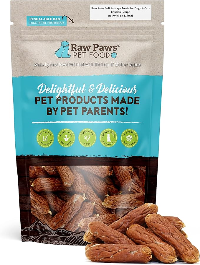 Raw Paws Grain-Free Soft Sausage Treats for Dogs &amp; Cats - Chicken Recipe, 6-oz - USA Chicken Sausage Dog Treats - Soft Treats for Dogs &amp; Cats - Dog Sausage Treats