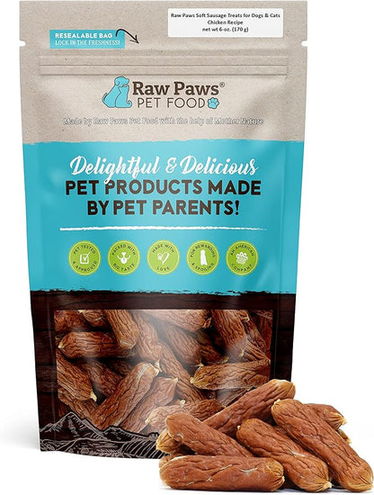 Raw Paws Grain-Free Soft Sausage Treats for Dogs &amp; Cats - Chicken Recipe, 6-oz - USA Chicken Sausage Dog Treats - Soft Treats for Dogs &amp; Cats - Dog Sausage Treats