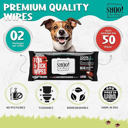 Shoo! Flea &amp; Tick Wipes for Dogs | Convenient, Easy On-The-Go Protection | Plant Based, Natural Oils, Chemical Free | Repels &amp; Prevents | 50 XL Wipes (2 Pack) | Original -Lavender