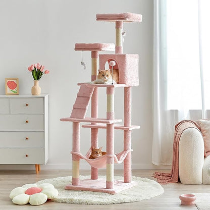MWPO 70.1-Inch Pink Large Cat Tree, Multi-Level Tall Cat Tower for Indoor Cats, Plush Cat Condo with Big Padded Perches, Sisal-Covered Scratching Posts, Hammock, Toys for Kittens &amp; Cats