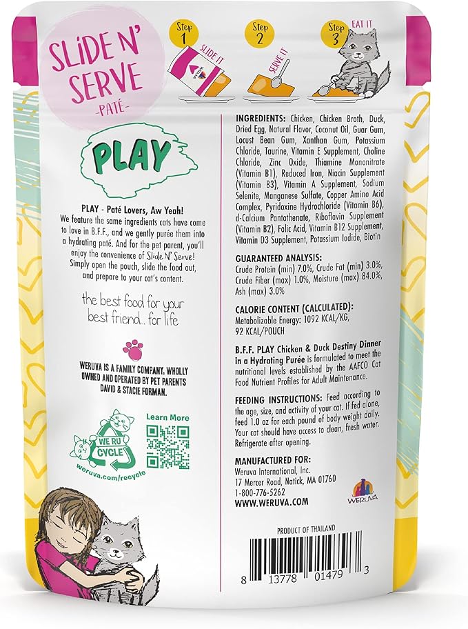 B.F.F. PLAY - Best Feline Friend Paté Lovers, Aw Yeah!, Chicken &amp; Duck Destiny with Chicken &amp; Lamb, 3oz Pouch (Pack of 12)