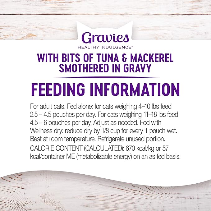 Wellness Healthy Indulgence Gravy Adult Wet Cat Food, Natural, Protein-Rich, Grain Free, 3 Ounce Pouch, 24 Pack, (Tuna &amp; Mackerel)