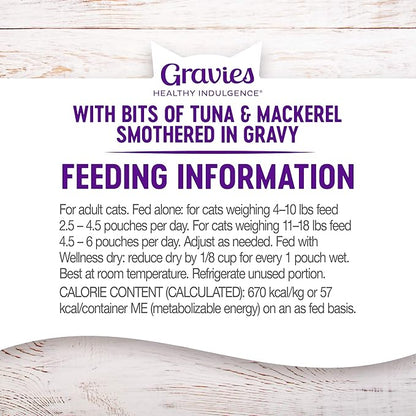 Wellness Healthy Indulgence Gravy Adult Wet Cat Food, Natural, Protein-Rich, Grain Free, 3 Ounce Pouch, 24 Pack, (Tuna &amp; Mackerel)