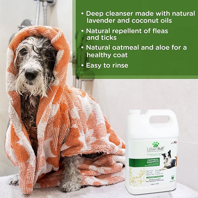 Lillian Ruff Calming Oatmeal Pet Shampoo for Dry Skin &amp; Itch Relief with Aloe &amp; Hydrating Essential Oils - Replenish Moisture &amp; Deodorize - Tearless Dog Shampoo for Normal/Sensitive Skin (Gallon)