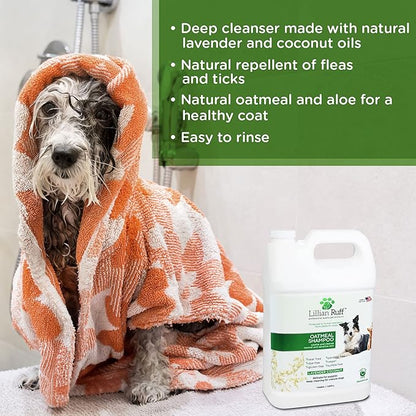 Lillian Ruff Calming Oatmeal Pet Shampoo for Dry Skin &amp; Itch Relief with Aloe &amp; Hydrating Essential Oils - Replenish Moisture &amp; Deodorize - Tearless Dog Shampoo for Normal/Sensitive Skin (Gallon)