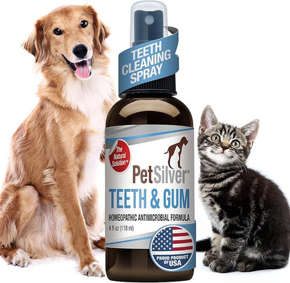 PetSilver Teeth &amp; Gum Spray - Dog Dental &amp; Teeth Cleaning Spray for Plaque &amp; Tartar Build-Up Reduction - Natural Breath Freshener for Dogs and Cats - Patented Chelated Silver - Made in The USA - 4 oz