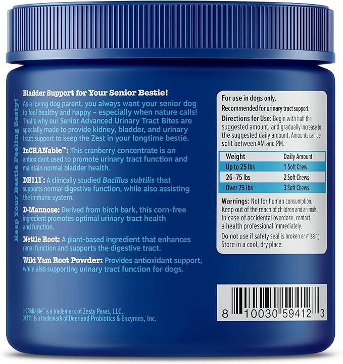 Zesty Paws Senior Cranberry Supplement for Dogs - Bladder Control for Senior Dogs - Urinary Tract Support - Cranberry Chews - Immune &amp; Gut Support - Chicken - 90 Count