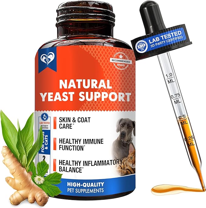 Natural Cats &amp; Dogs Yeast Infection Anti Itch Treatment - Itchy Ears, Skin &amp; Allergy Symptoms Relief - Reduces Inflammation &amp; Relieves Irritation - Herbal Medicine Supplement Drops
