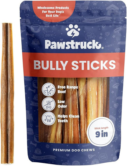 Pawstruck All-Natural 9" Bully Sticks for Dogs - Long Lasting, Rawhide-Free, Low Odor &amp; Grain-Free Dental Chew Treat - Healthy Single Ingredient, 100% Real Beef - 1 lb Bag