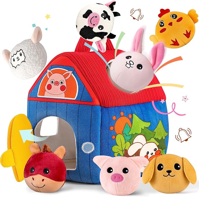 Baby Toys 6-12 Months, Barn with Stuffed Farm Animals, Montessori Toy for Babies, Sensory Toys for Toddlers 1-3, Portable Baby Farmhouse Toy, Birthday Gift for Infants &amp; Toddlers