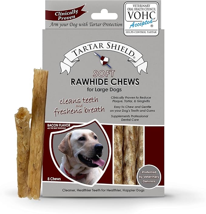 Tartar Shield Soft Rawhide Chews | Safe Dental Treats for Large Dogs | Vet VOHC Approved | Daily Bone Cleans Teeth &amp; Gums Fresh Breath Oral Health Support | USA Made | (Large Dogs / 8 Count)