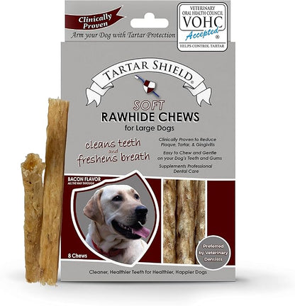 Tartar Shield Soft Rawhide Chews | Safe Dental Treats for Large Dogs | Vet VOHC Approved | Daily Bone Cleans Teeth &amp; Gums Fresh Breath Oral Health Support | USA Made | (Large Dogs / 8 Count)