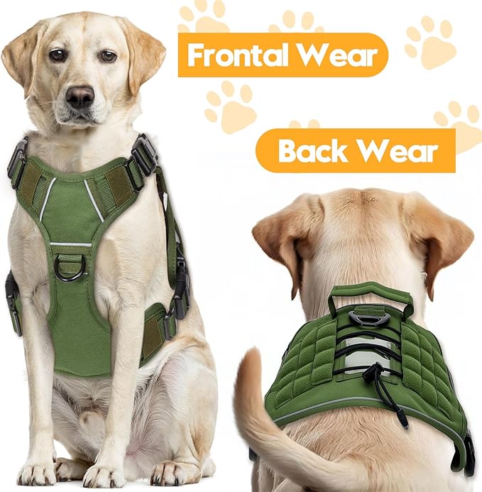 Heavy-Duty Tactical Dog Harness for Large Dogs, No Pull Adjustable Reflective Pet Vest with Molle System, K9 Military-Grade Control for Service Training, Outdoor &amp; 10+ Breeds, Green, XX-Large
